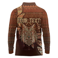 Personalized Wolf Native American Long Sleeve Polo Shirt Tribal Geometric Earth Tone
