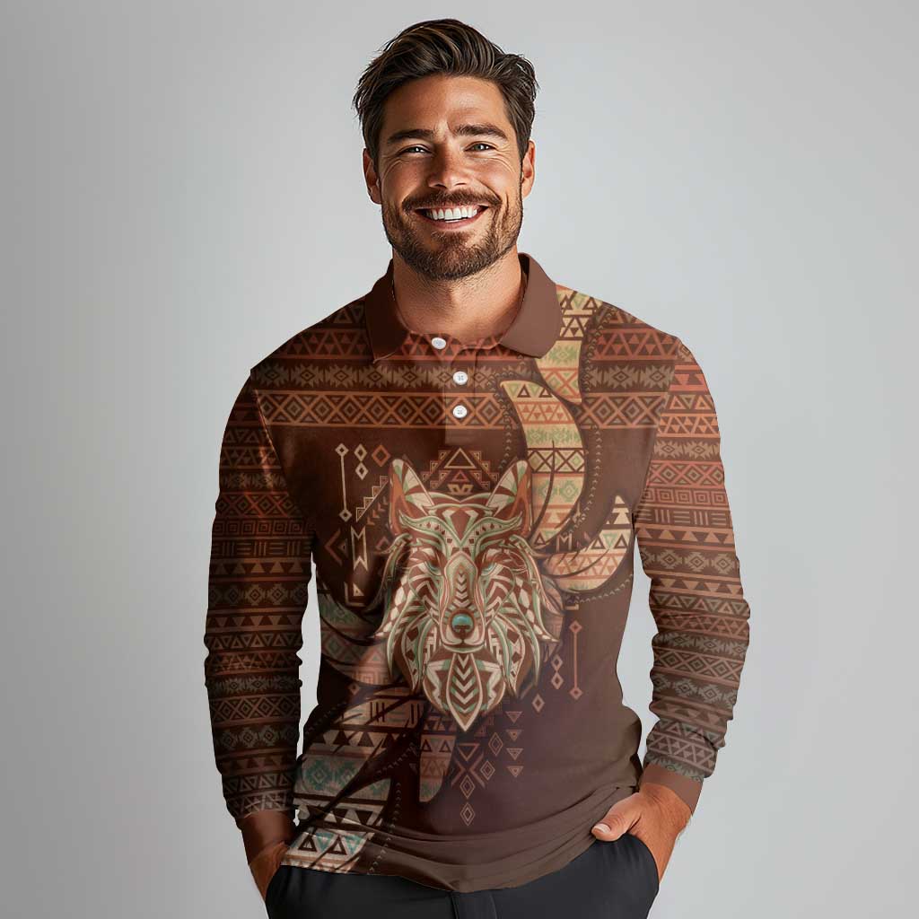Personalized Wolf Native American Long Sleeve Polo Shirt Tribal Geometric Earth Tone