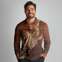 Personalized Wolf Native American Long Sleeve Polo Shirt Tribal Geometric Earth Tone