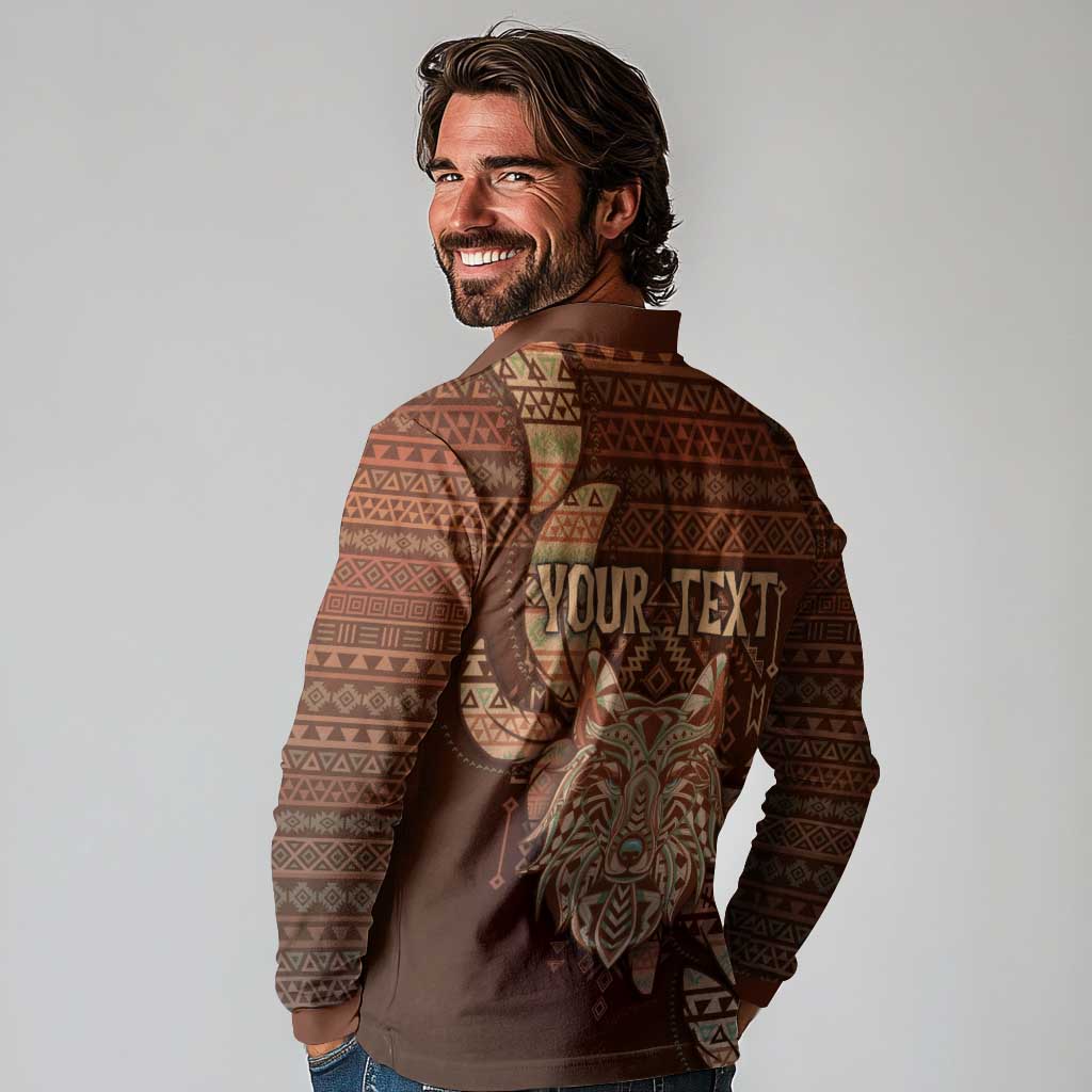 Personalized Wolf Native American Long Sleeve Polo Shirt Tribal Geometric Earth Tone