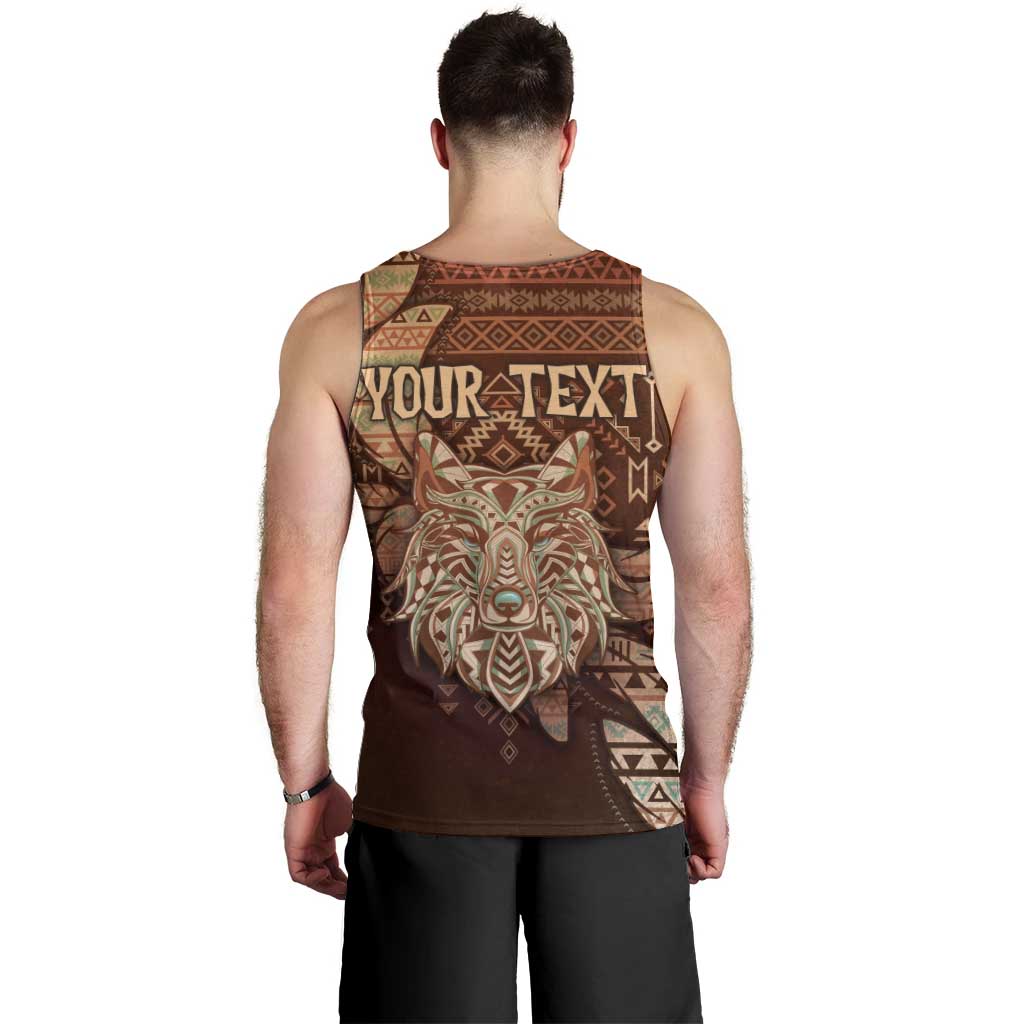 Personalized Wolf Native American Men Tank Top Tribal Geometric Earth Tone