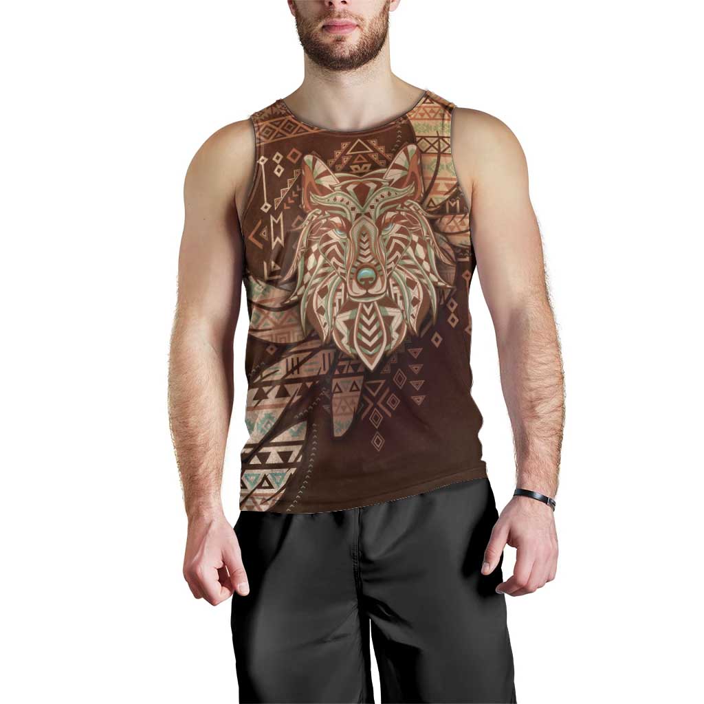 Personalized Wolf Native American Men Tank Top Tribal Geometric Earth Tone