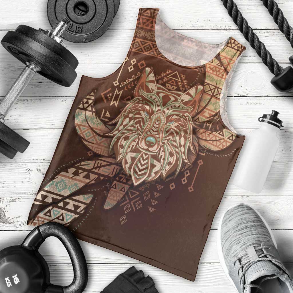 Personalized Wolf Native American Men Tank Top Tribal Geometric Earth Tone