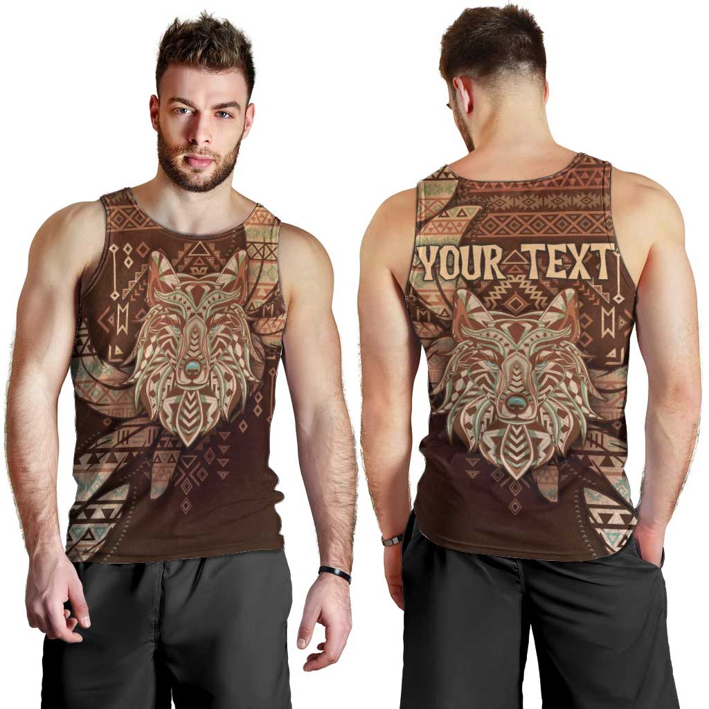 Personalized Wolf Native American Men Tank Top Tribal Geometric Earth Tone
