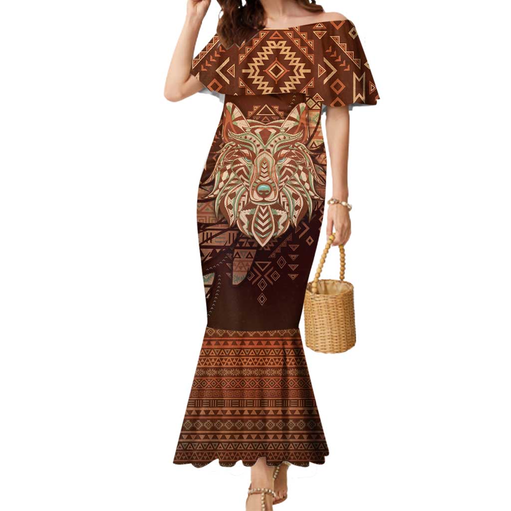 Personalized Wolf Native American Mermaid Dress Tribal Geometric Earth Tone