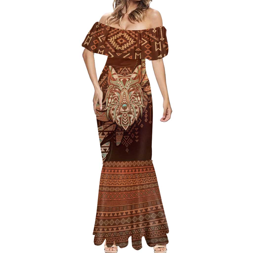 Personalized Wolf Native American Mermaid Dress Tribal Geometric Earth Tone