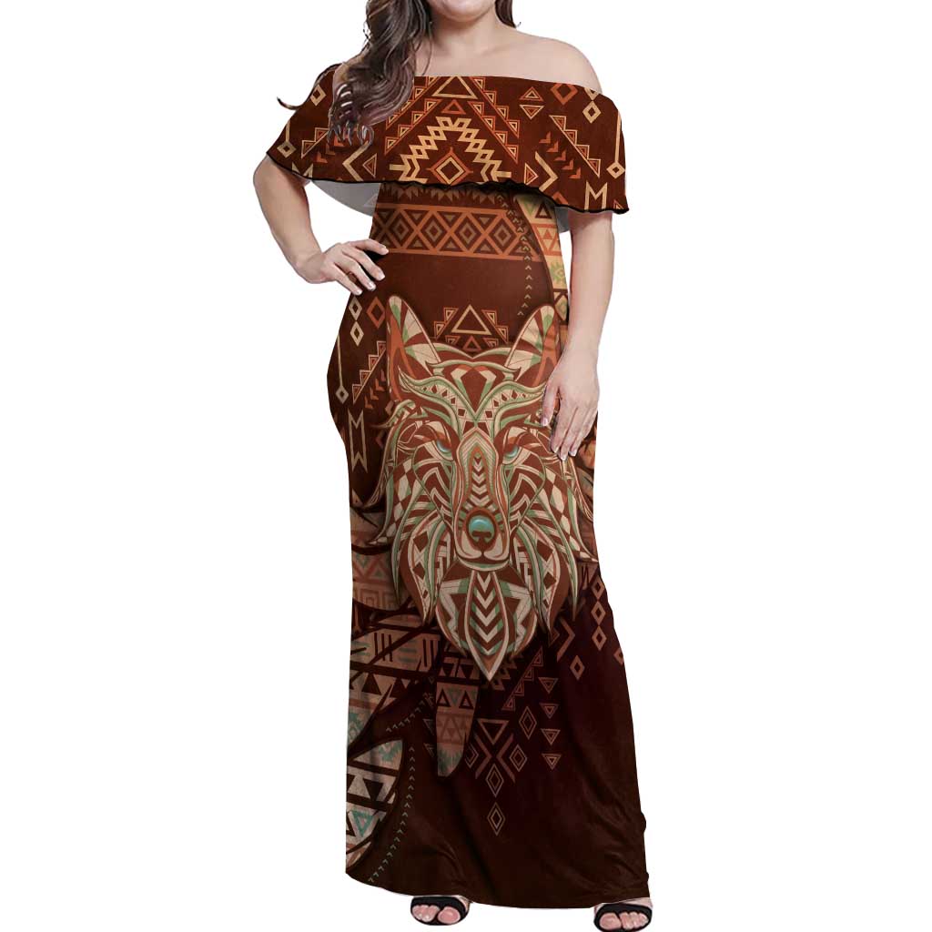 Personalized Wolf Native American Off Shoulder Maxi Dress Tribal Geometric Earth Tone