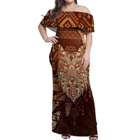 Personalized Wolf Native American Off Shoulder Maxi Dress Tribal Geometric Earth Tone