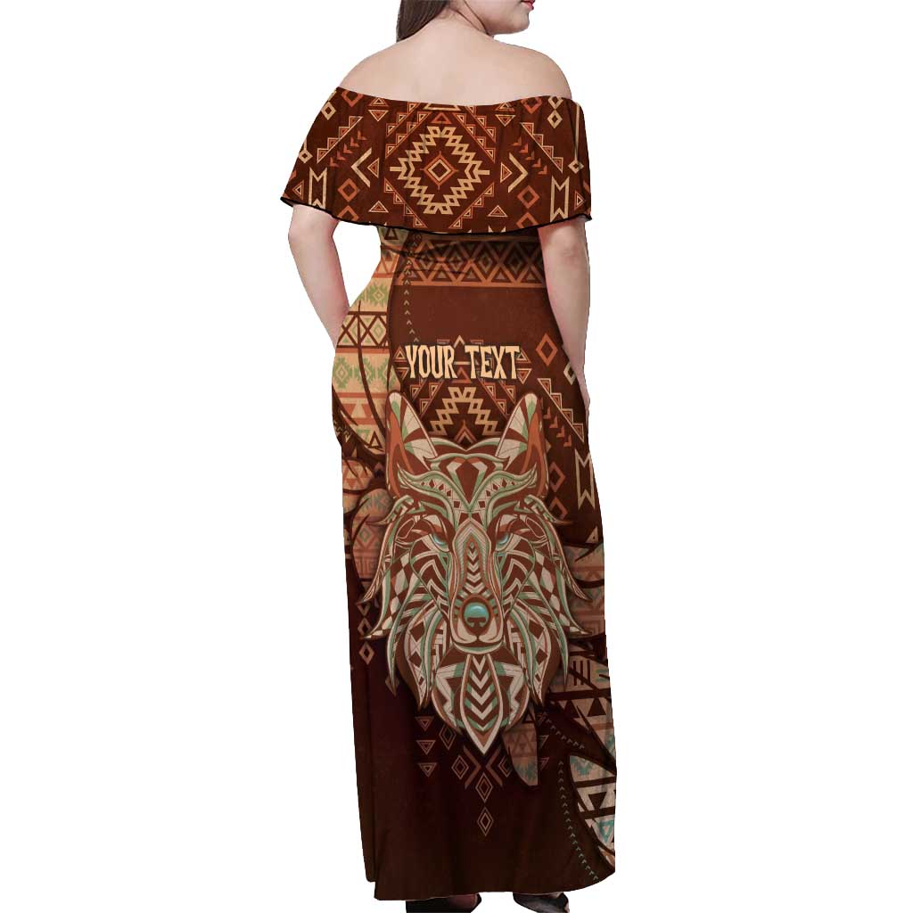 Personalized Wolf Native American Off Shoulder Maxi Dress Tribal Geometric Earth Tone