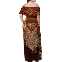 Personalized Wolf Native American Off Shoulder Maxi Dress Tribal Geometric Earth Tone