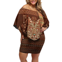 Personalized Wolf Native American Off Shoulder Short Dress Tribal Geometric Earth Tone
