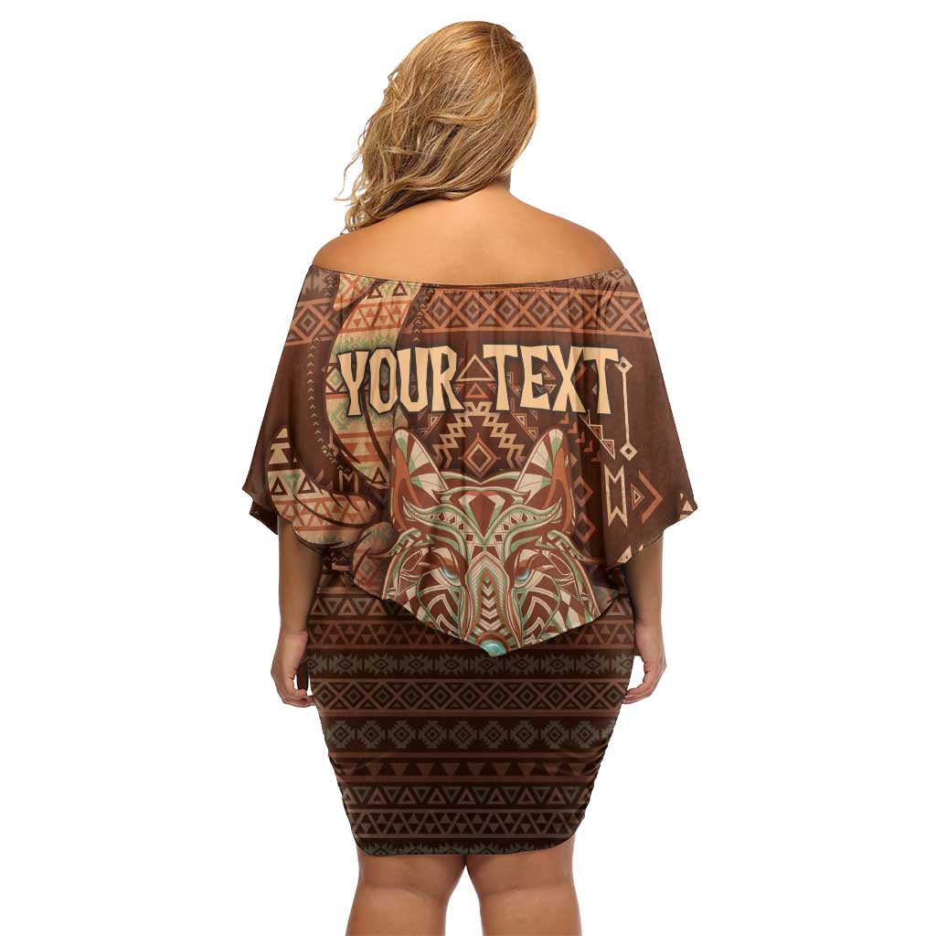 Personalized Wolf Native American Off Shoulder Short Dress Tribal Geometric Earth Tone
