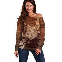Personalized Wolf Native American Off Shoulder Sweater Tribal Geometric Earth Tone