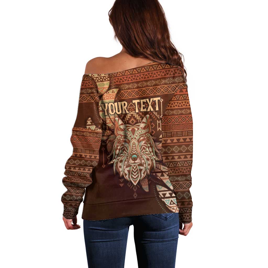 Personalized Wolf Native American Off Shoulder Sweater Tribal Geometric Earth Tone