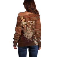 Personalized Wolf Native American Off Shoulder Sweater Tribal Geometric Earth Tone