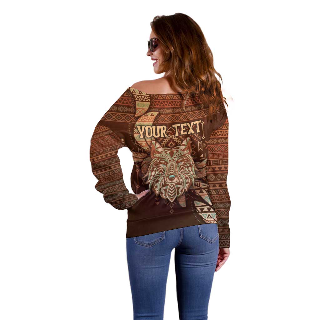 Personalized Wolf Native American Off Shoulder Sweater Tribal Geometric Earth Tone