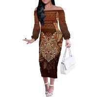 Personalized Wolf Native American Off The Shoulder Long Sleeve Dress Tribal Geometric Earth Tone