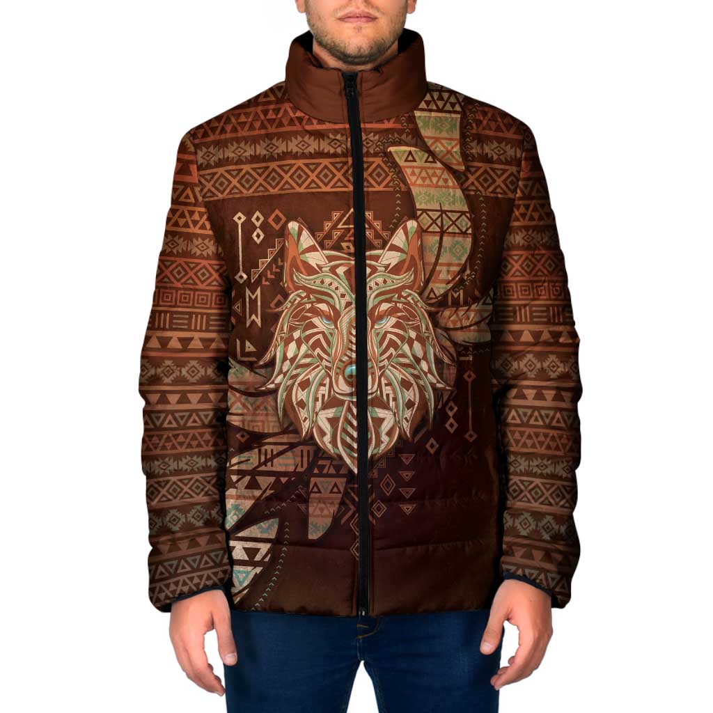 Personalized Wolf Native American Padded Jacket Tribal Geometric Earth Tone