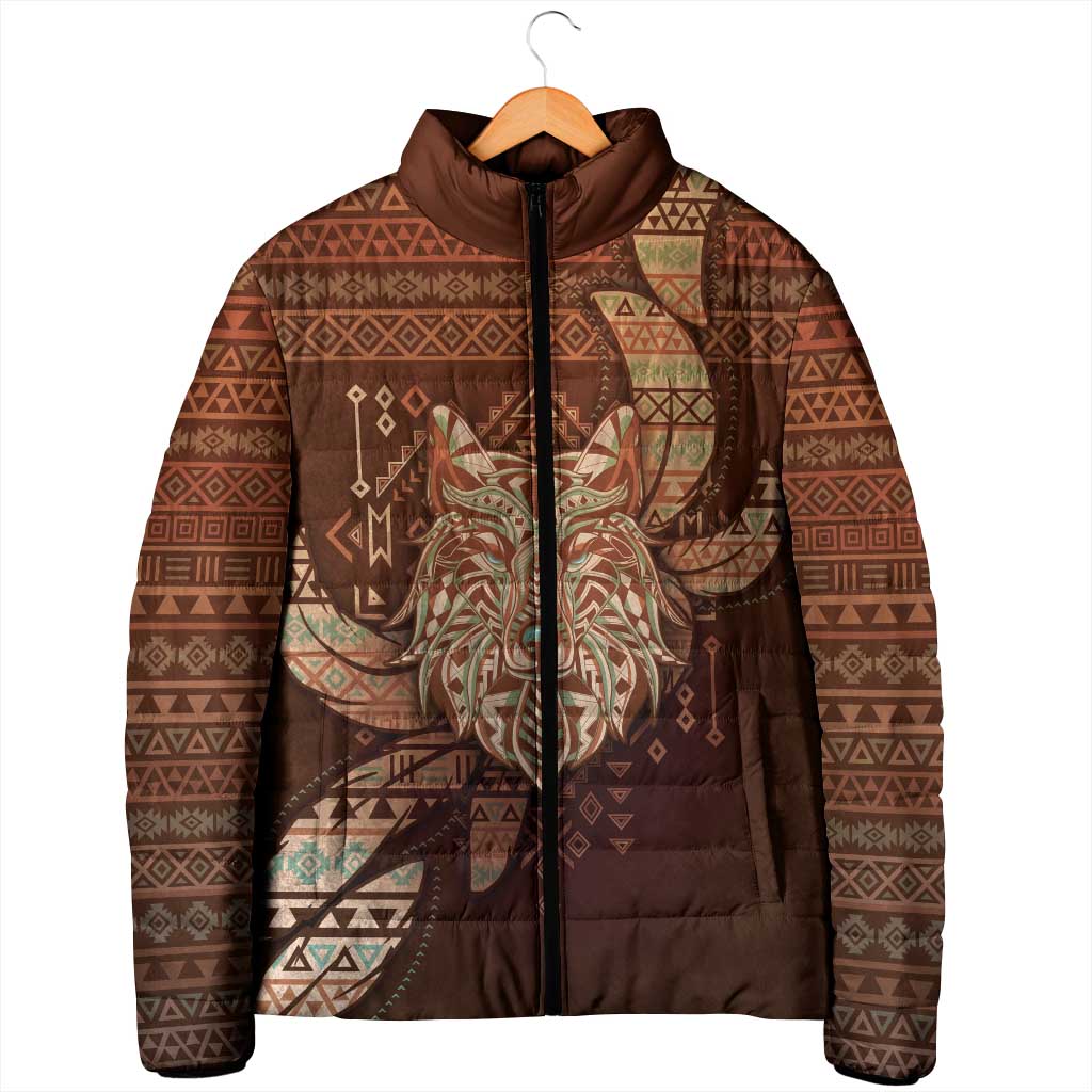 Personalized Wolf Native American Padded Jacket Tribal Geometric Earth Tone