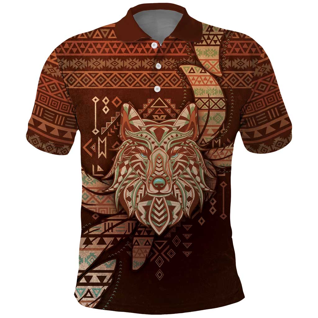 Personalized Wolf Native American Polo Shirt Tribal Geometric Earth Tone