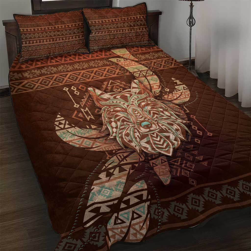 Wolf Native American Quilt Bed Set Tribal Geometric Earth Tone