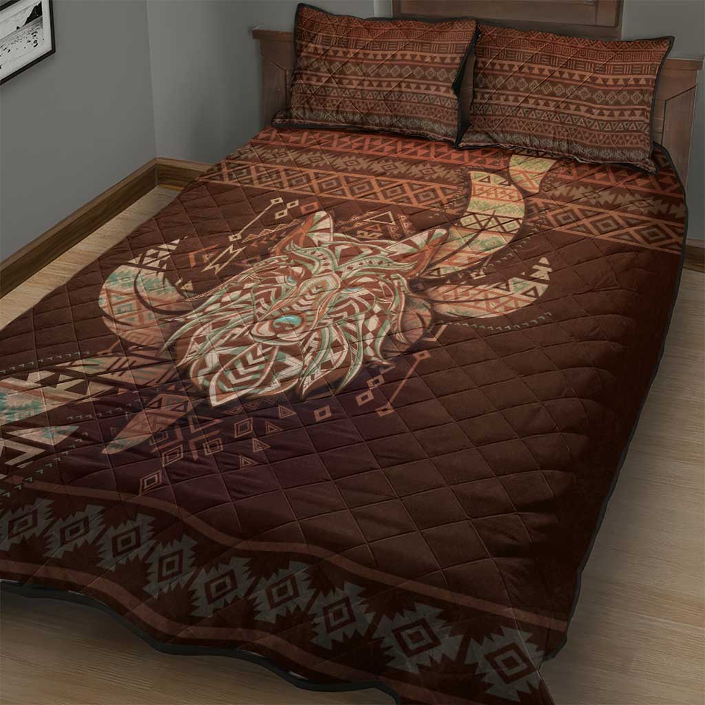 Wolf Native American Quilt Bed Set Tribal Geometric Earth Tone
