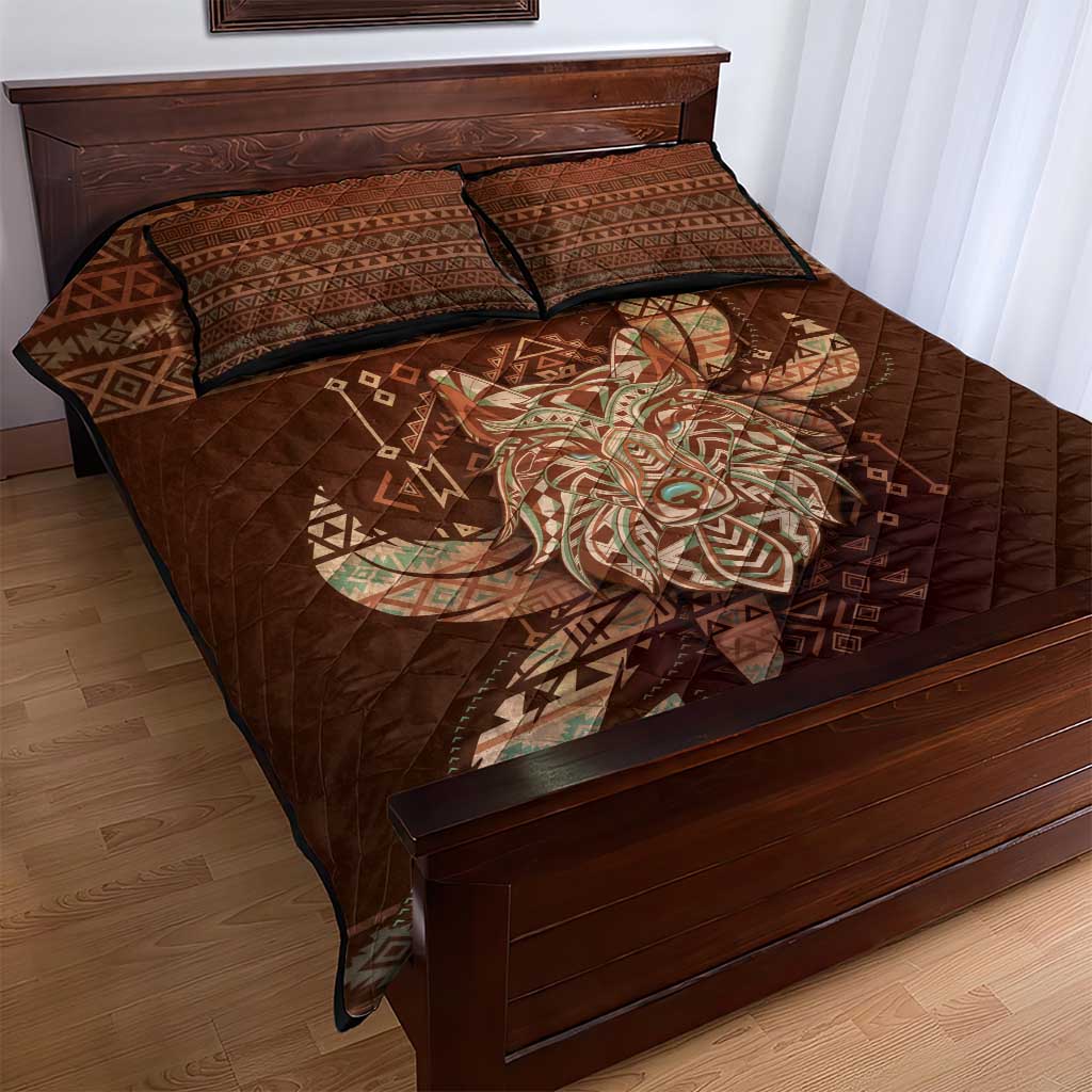 Wolf Native American Quilt Bed Set Tribal Geometric Earth Tone