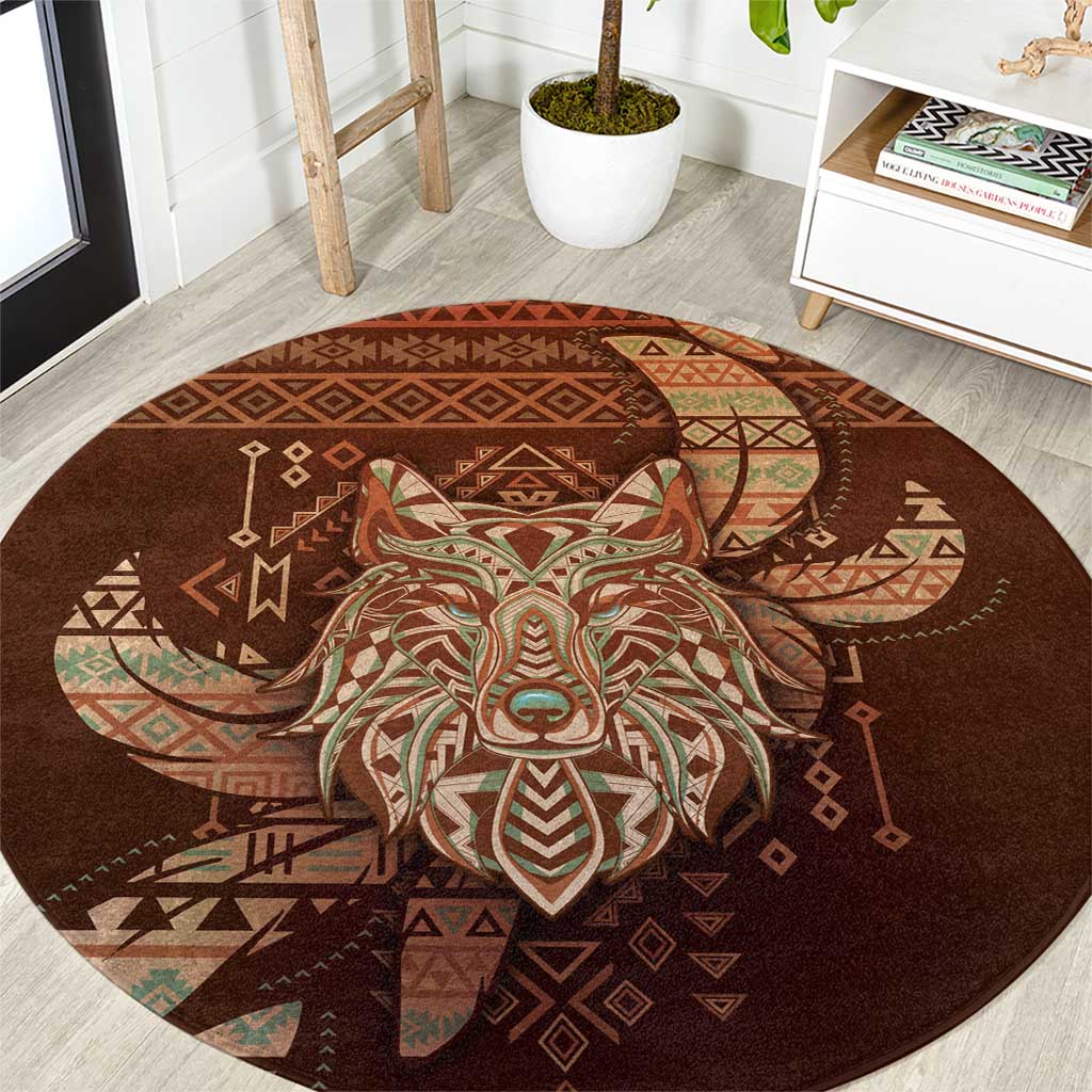 Wolf Native American Round Carpet Tribal Geometric Earth Tone