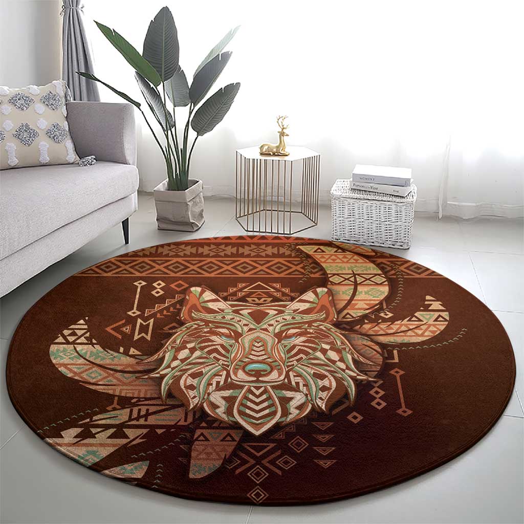 Wolf Native American Round Carpet Tribal Geometric Earth Tone