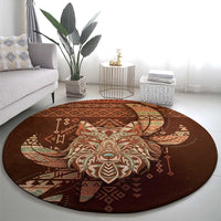 Wolf Native American Round Carpet Tribal Geometric Earth Tone
