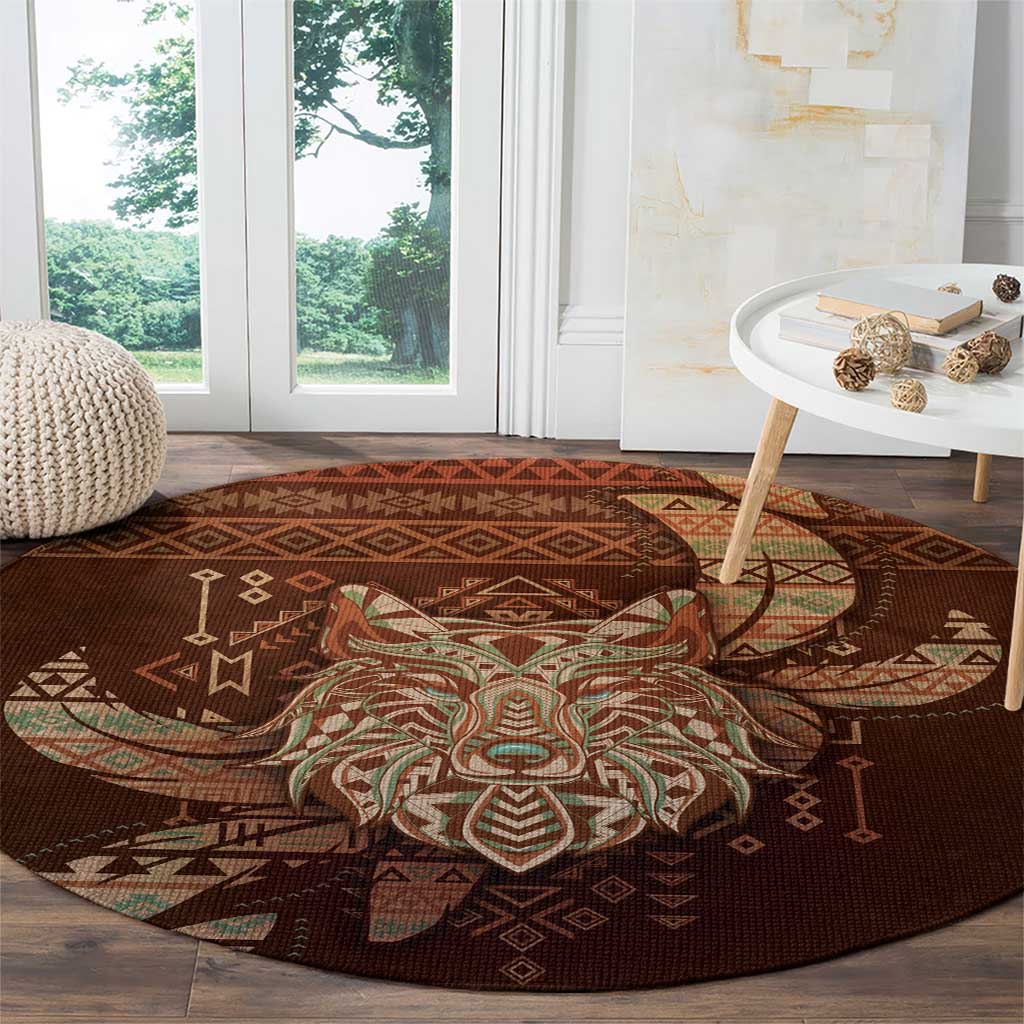Wolf Native American Round Carpet Tribal Geometric Earth Tone