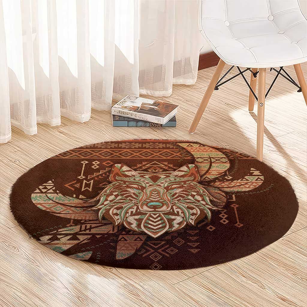 Wolf Native American Round Carpet Tribal Geometric Earth Tone