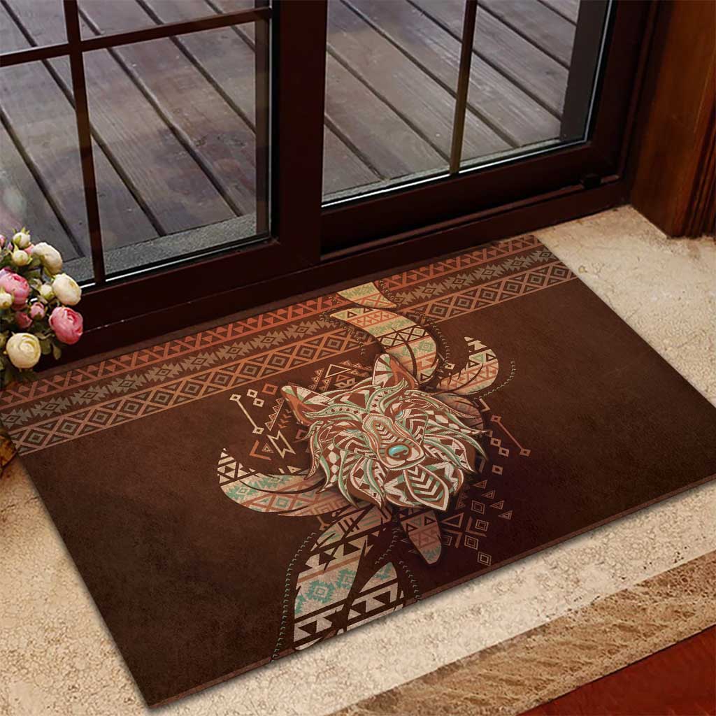 Wolf Native American Rubber Doormat Tribal Geometric Earth Tone