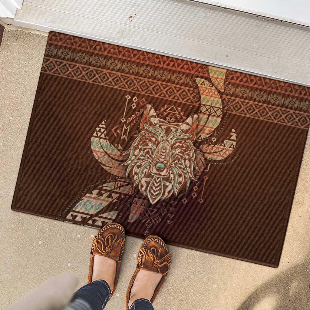 Wolf Native American Rubber Doormat Tribal Geometric Earth Tone