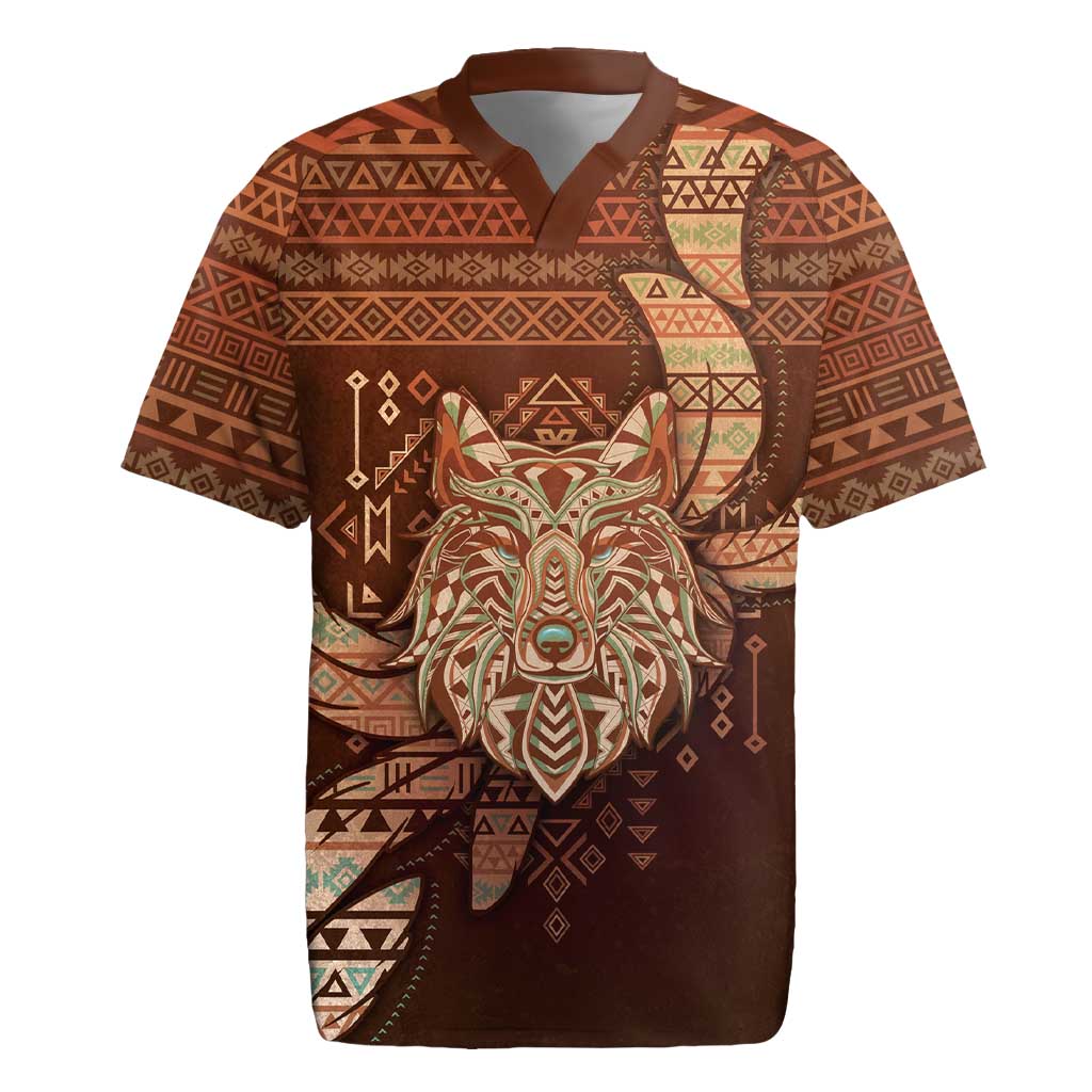 Personalized Wolf Native American Rugby Jersey Tribal Geometric Earth Tone