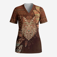 Personalized Wolf Native American Scrub Top Tribal Geometric Earth Tone