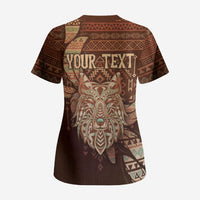 Personalized Wolf Native American Scrub Top Tribal Geometric Earth Tone