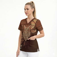 Personalized Wolf Native American Scrub Top Tribal Geometric Earth Tone