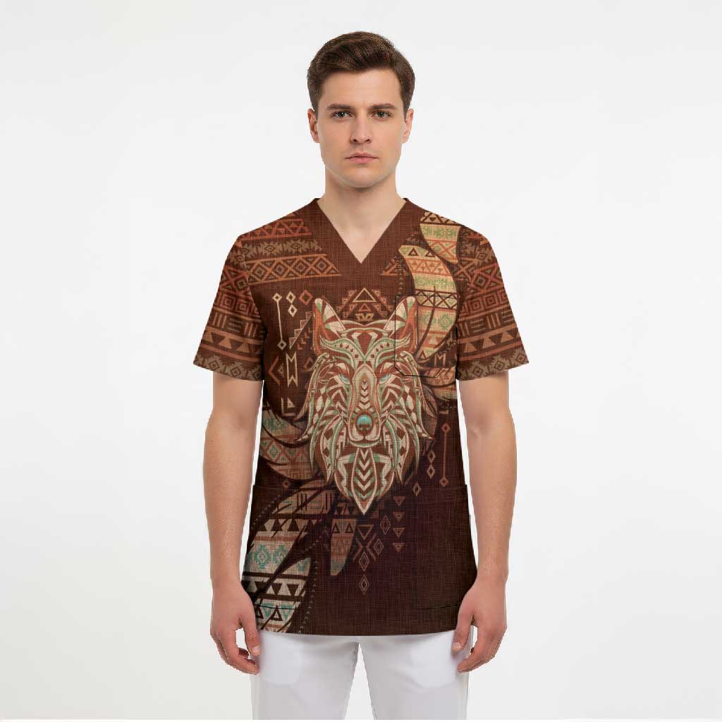 Personalized Wolf Native American Scrub Top Tribal Geometric Earth Tone