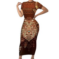 Personalized Wolf Native American Short Sleeve Bodycon Dress Tribal Geometric Earth Tone