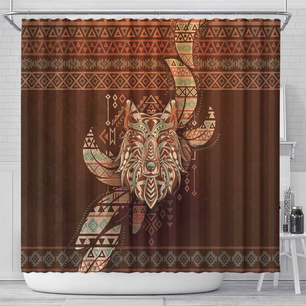 Wolf Native American Shower Curtain Tribal Geometric Earth Tone