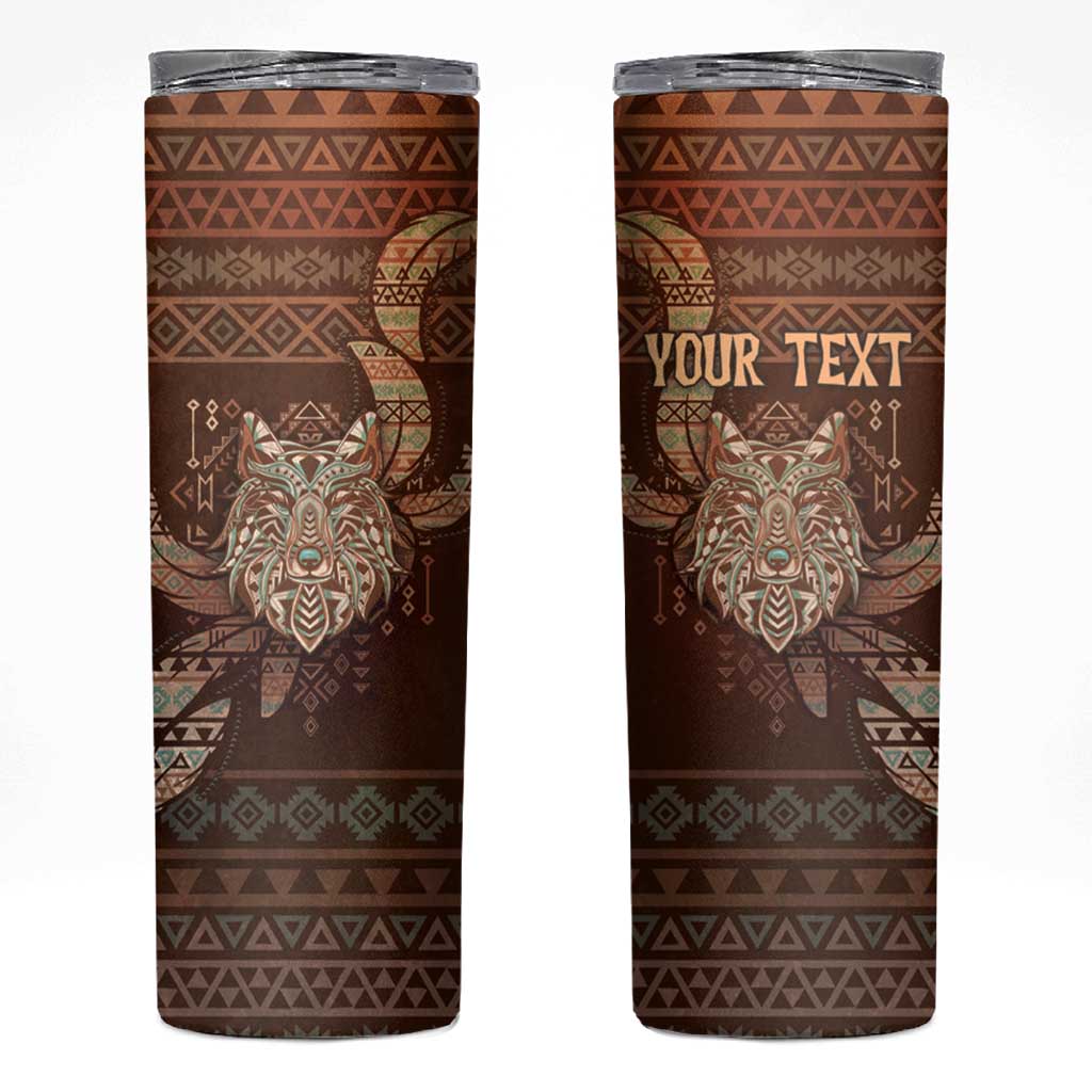 Personalized Wolf Native American Skinny Tumbler Tribal Geometric Earth Tone