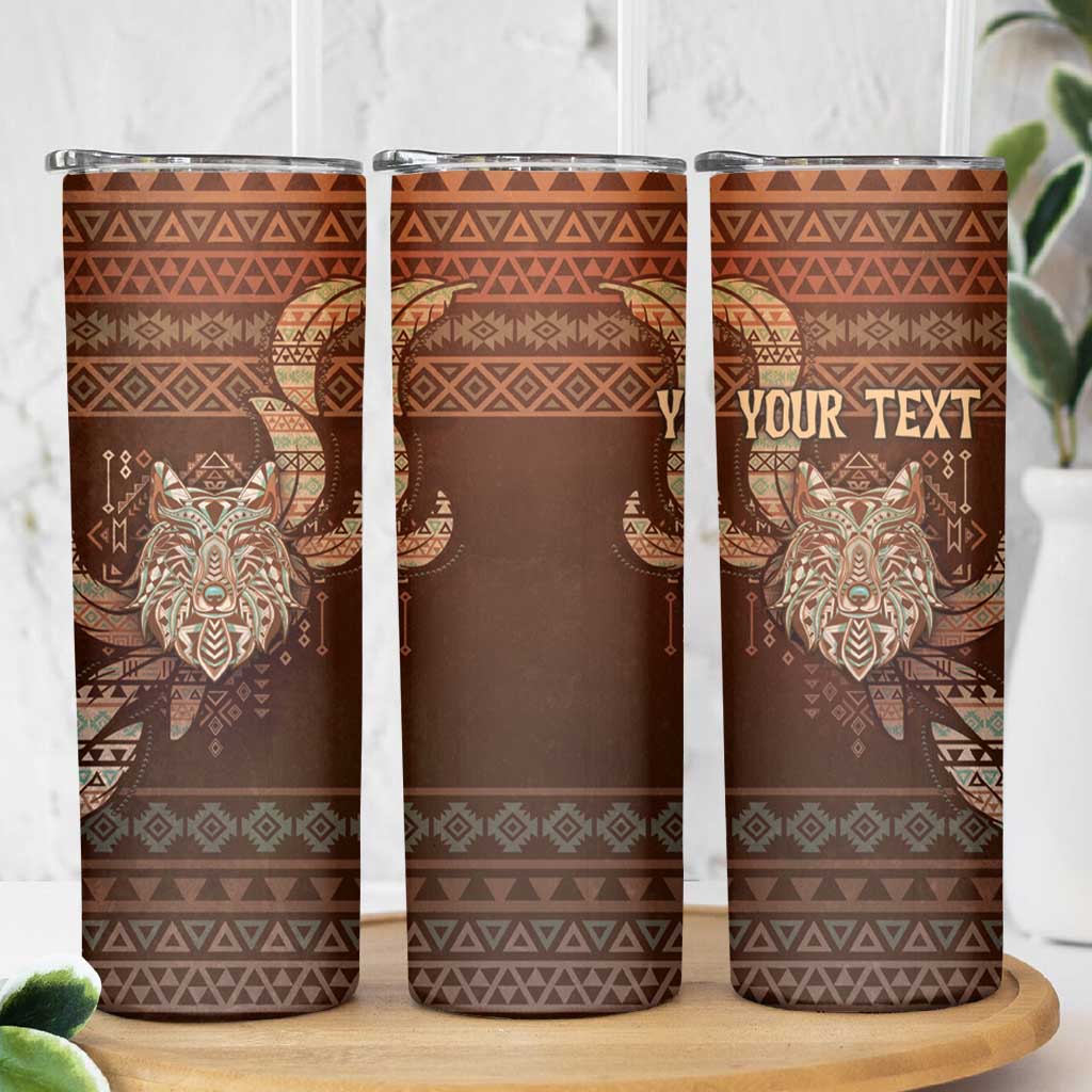 Personalized Wolf Native American Skinny Tumbler Tribal Geometric Earth Tone