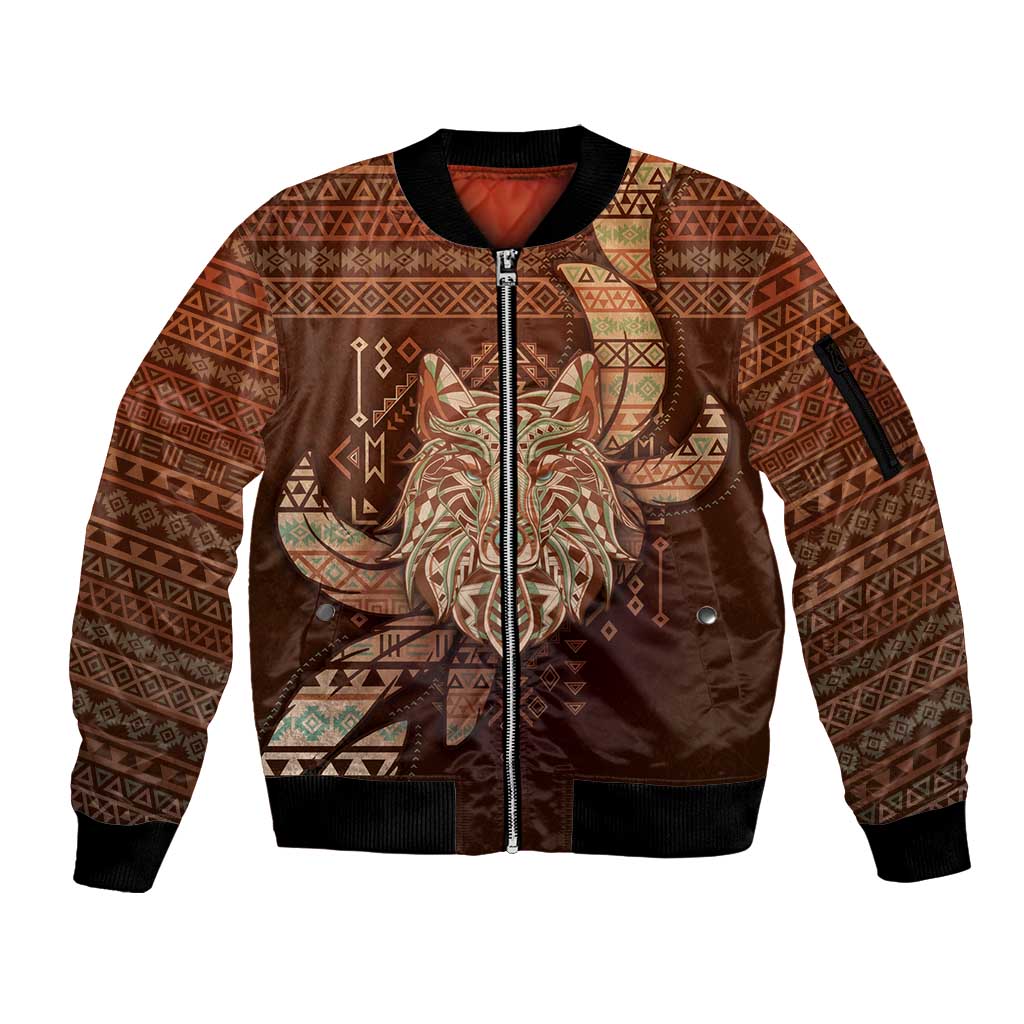 Personalized Wolf Native American Sleeve Zip Bomber Jacket Tribal Geometric Earth Tone