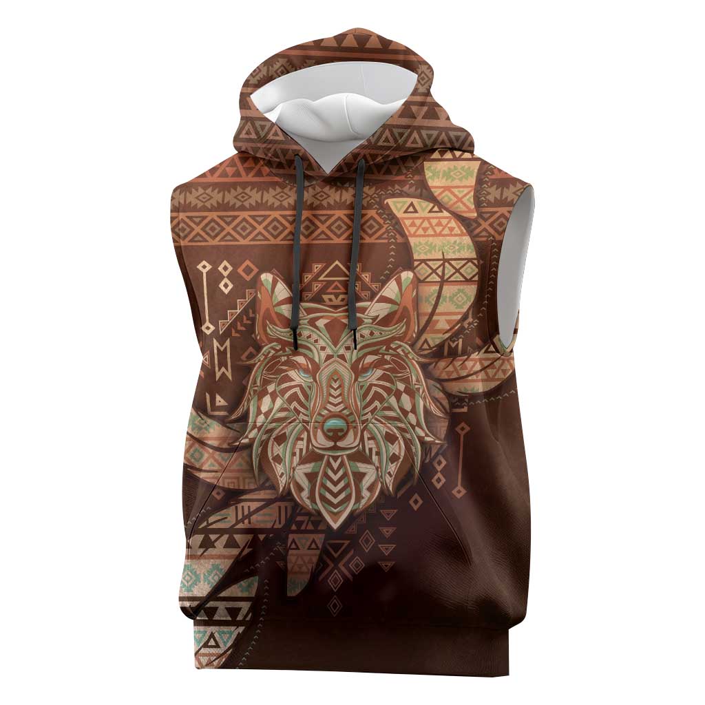 Personalized Wolf Native American Sleeveless Hoodie Tribal Geometric Earth Tone