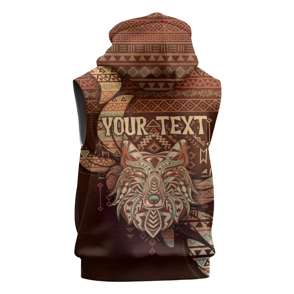 Personalized Wolf Native American Sleeveless Hoodie Tribal Geometric Earth Tone