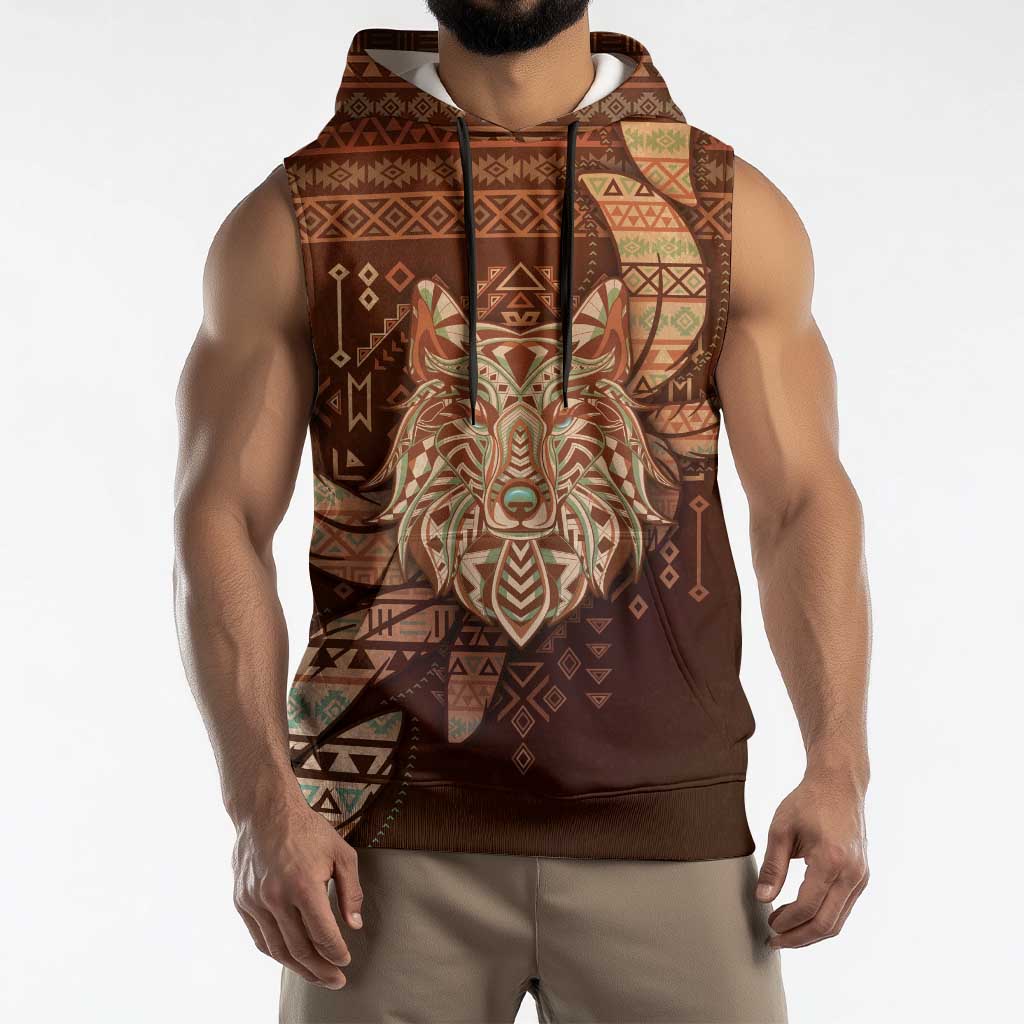 Personalized Wolf Native American Sleeveless Hoodie Tribal Geometric Earth Tone