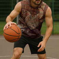 Personalized Wolf Native American Sleeveless Hoodie Tribal Geometric Earth Tone