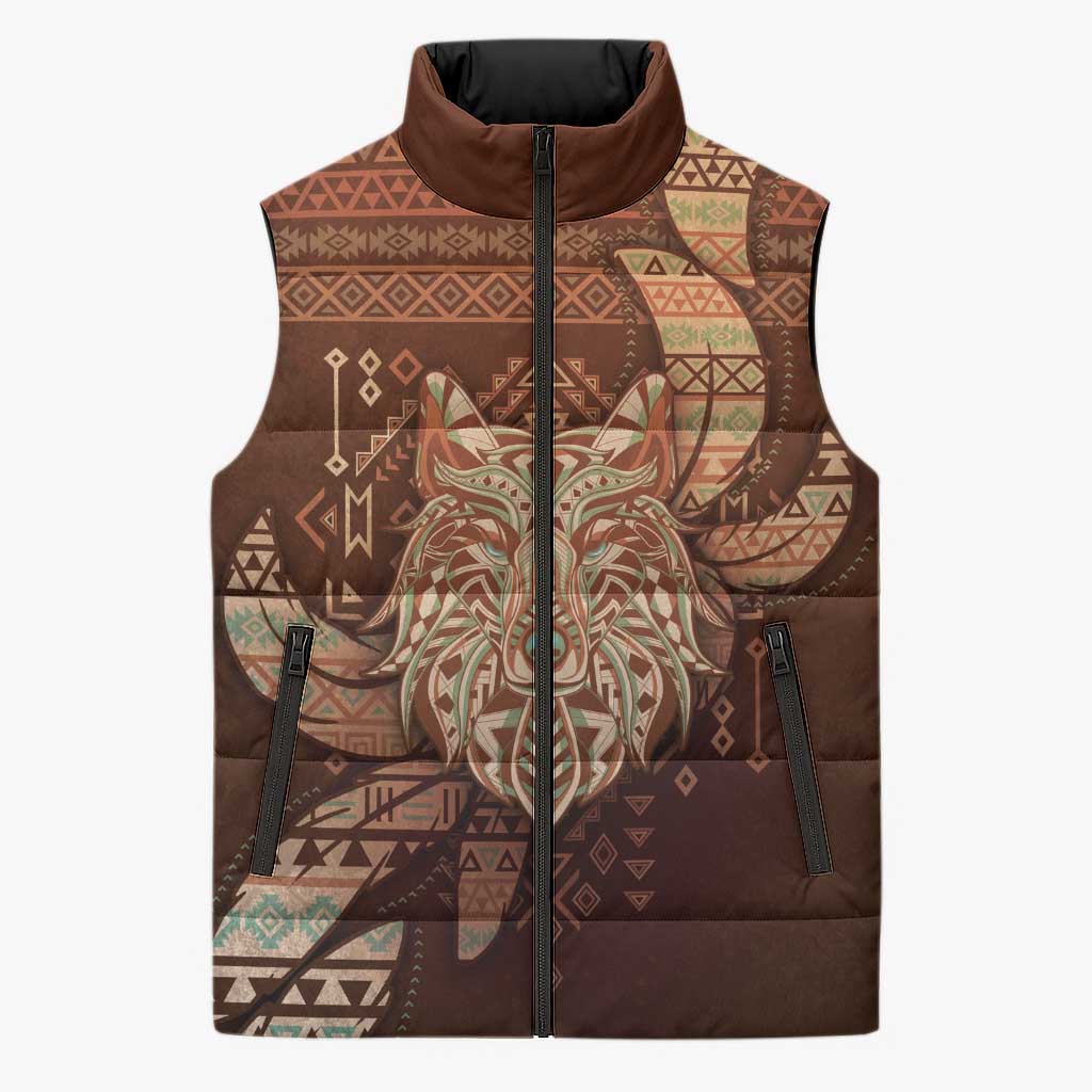 Personalized Wolf Native American Sleeveless Puffer Jacket Tribal Geometric Earth Tone