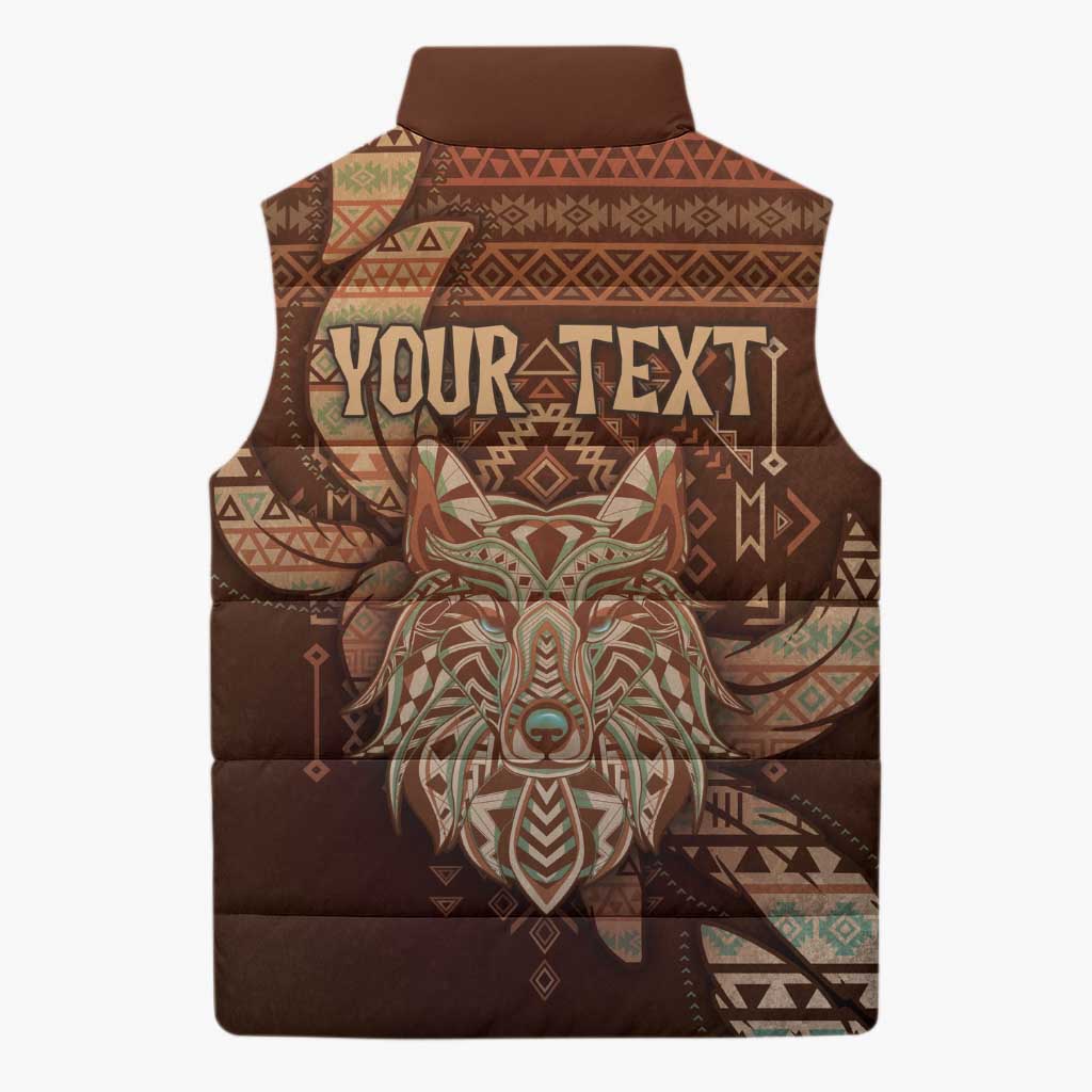 Personalized Wolf Native American Sleeveless Puffer Jacket Tribal Geometric Earth Tone